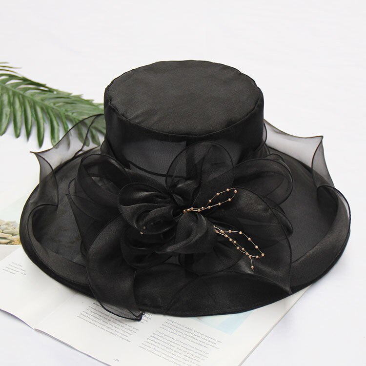 Chapeau de soleil pour femme, chapeau d'été en maille avec fleurs, grand chapeau de plage à large bord ondulé: 202 noirs