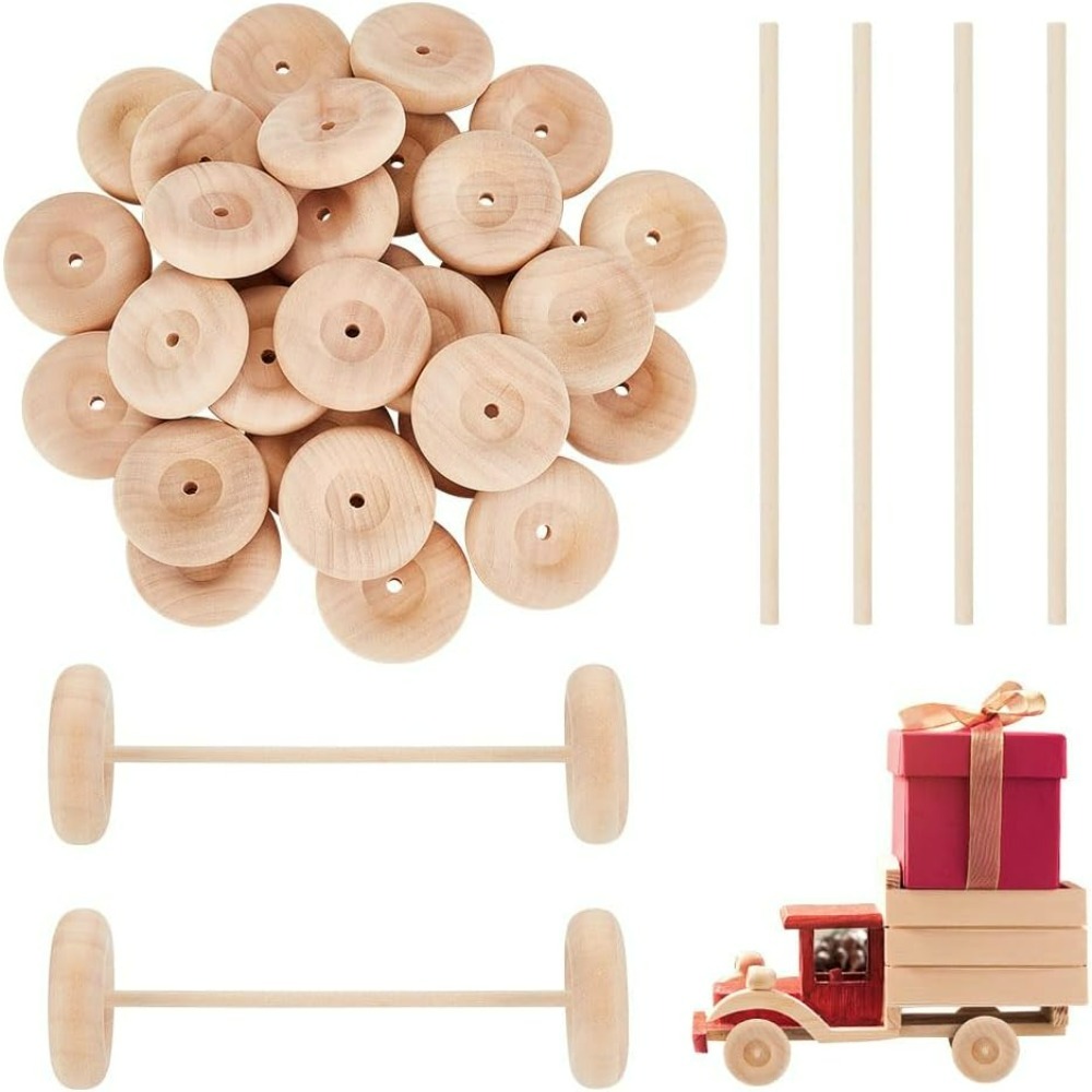 30 Stück 1,9 x 0,6 Zoll Holz-Bastelräder mit 15 Stück 5,9 Zoll Holzstäben, unflossenes Holzrad, große Holzräder, rundes Holz