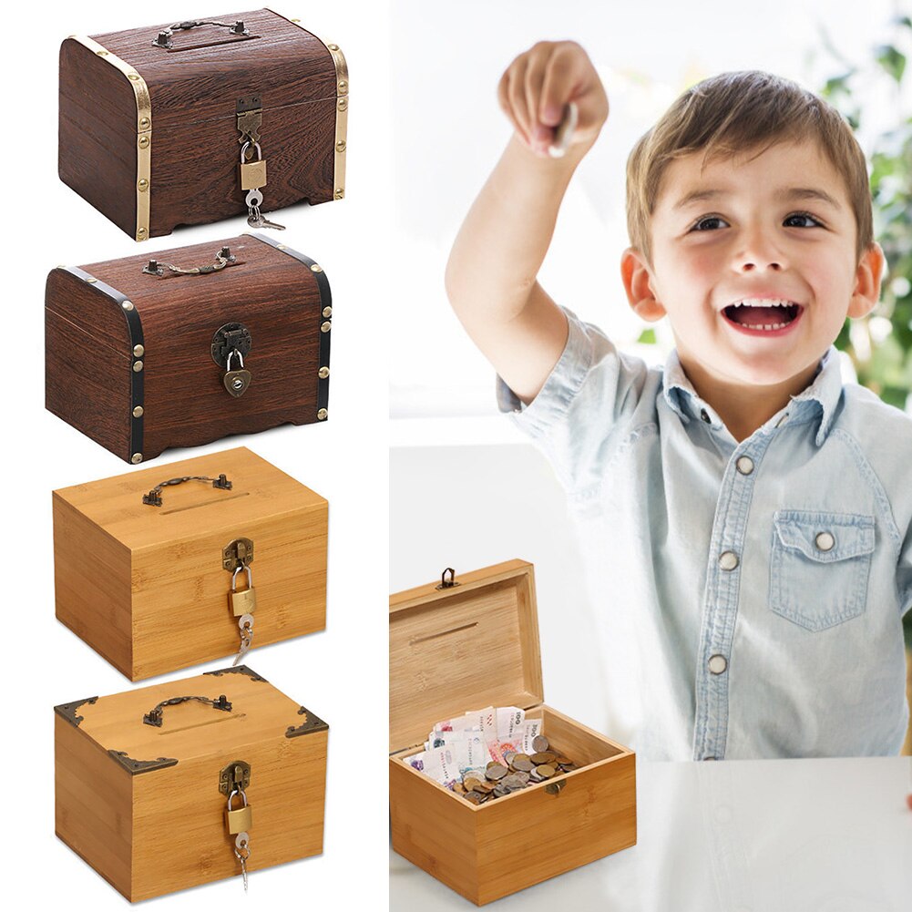 Houten Schatkist Vintage Houten Schat Opbergdoos Case -Proof Spaarpot Met Slot