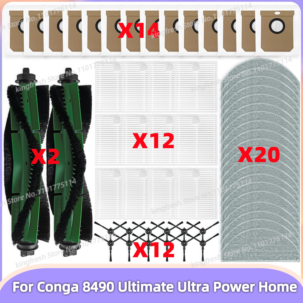 Compatible con (Cecotec Conga 8490 Ultimate Ultra Power Home) Piezas de Aspiradora, que incluyen Rodillo Principal, Cepillo Lateral, Filtro HEPA, Paño de Limpieza, Bolsa de Polvo y Accesorios