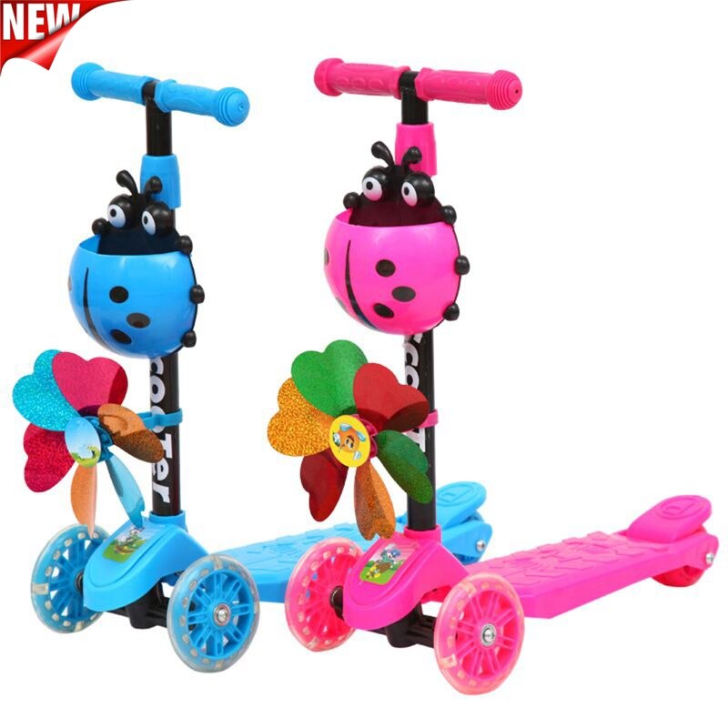 Trottinette pliable coccinelle, moulin à vent, réglable en hauteur, inclinée à la direction, 3 roues, pour enfants garçons et filles âgés de 3 à 8 ans