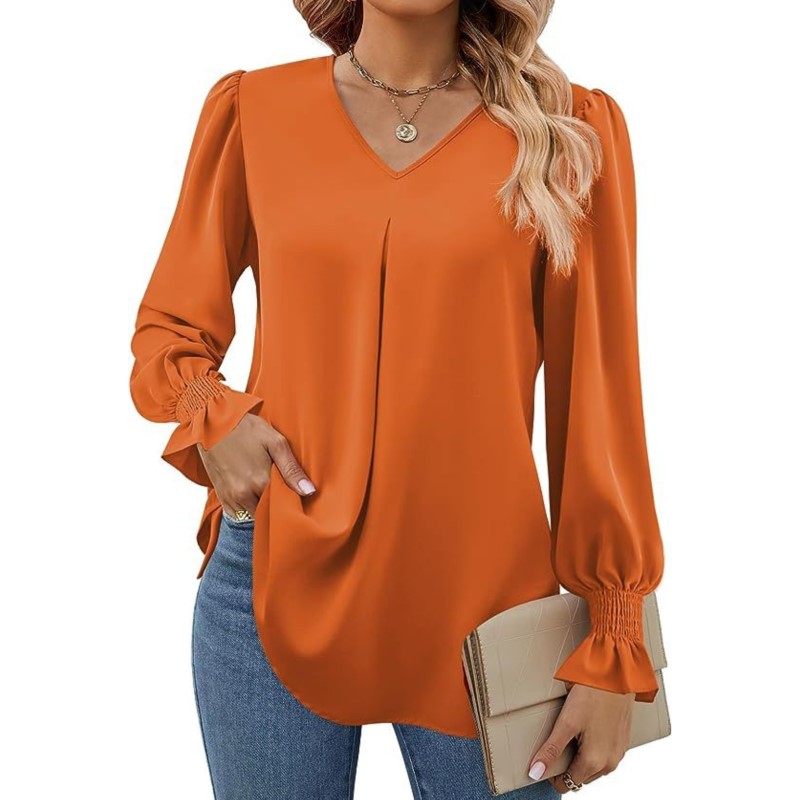 Solid Color Women's Shirt Autumn Item Solid Color Chiffon Shirt V-neck Pullover Trumpet Long Sleeved Top Blouse