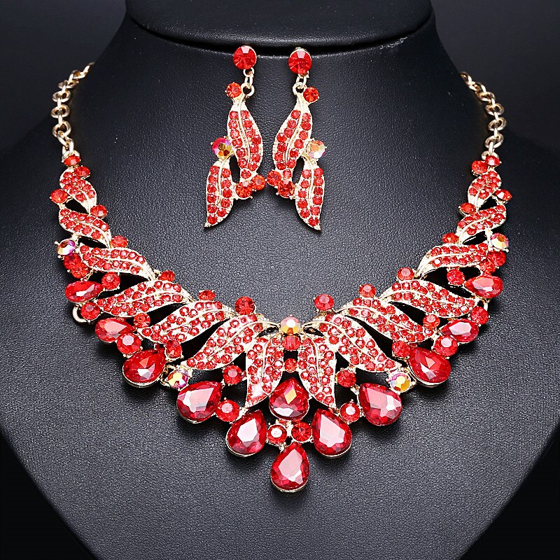 Luxury Leaf Shape Rhinestone Crystal Alloy Necklace Earrings Jewelry Set For Bride Bridal Wedding Party Statement Accessories: Red