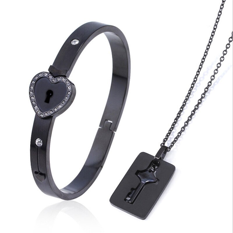 A Couple Lovers Jewelry Love Heart Lock Bracelet Stainless Steel Bracelets Bangles Key Pendant Necklace Jewelry: G