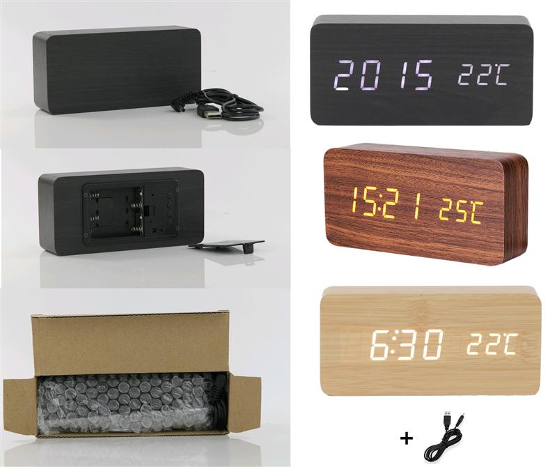 Multicolor Geluid Controle Houten Hout Vierkante Led Wekker Desktop Tafel Digitale Thermometer Houten Usb/Aaa Datum Display