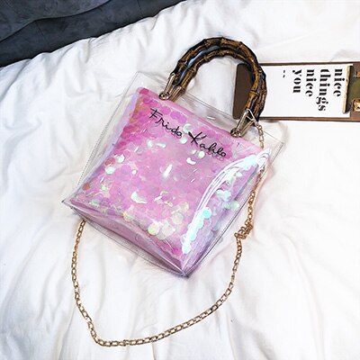 Summer Small Handbag Transparent Women Hand Bags Chain Straw bag Lady Travel Beach Shoulder Cross Body Bag Sequins: Pink