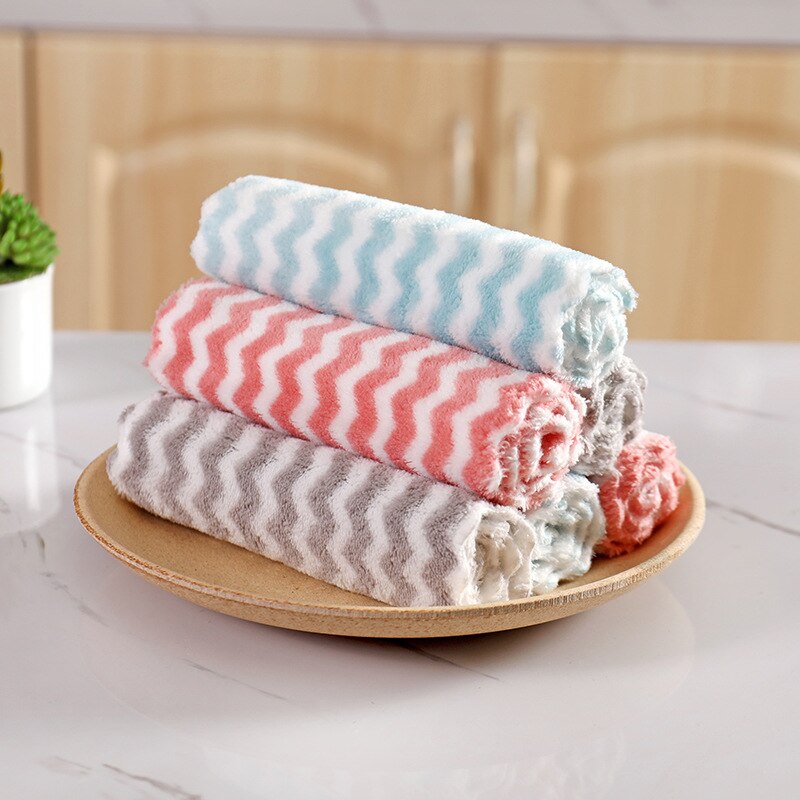 3 stk rengøringshåndklæde multifunktionel opvaskeklud anti-fedt klud bølge / stribe tilfældig farve køkken rag koral fløjl: Bølge