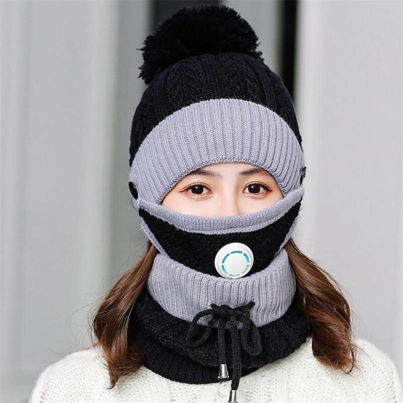 3 Pieces Set Women's Knitted Hat Scarf Caps Neck Warmer Winter Hat for Ladies Girls Skullies Beanies Warm Fleece Caps