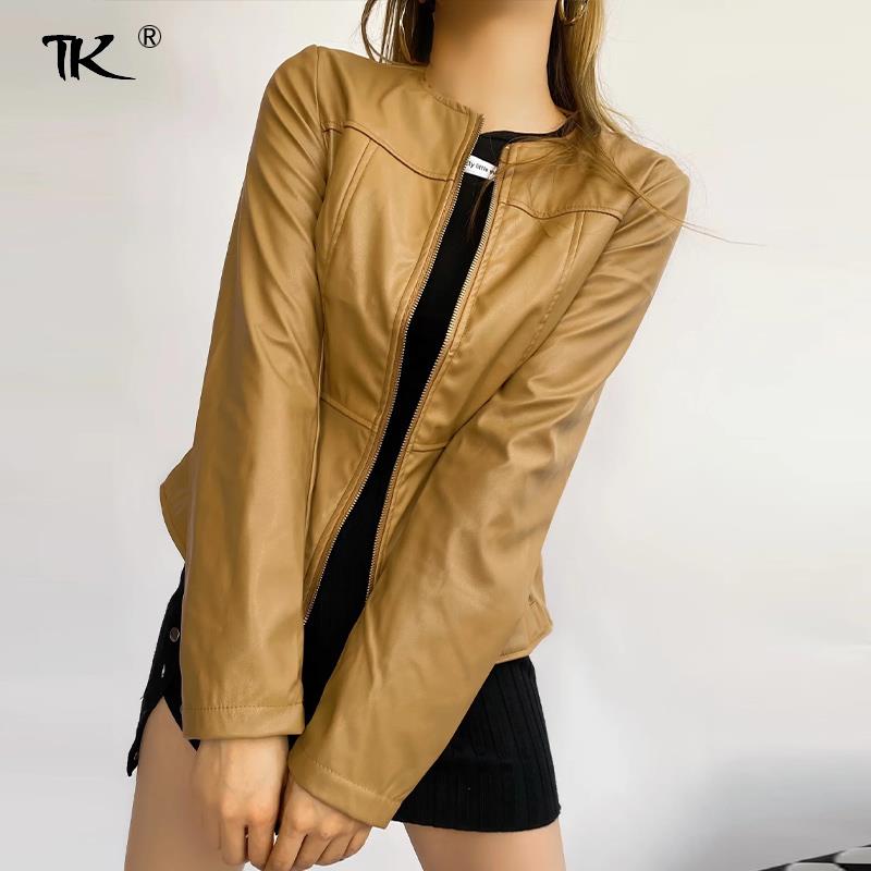 Chaqueta de retales de Pu para mujer, abrigo de manga larga con cuello redondo y cremallera, chaqueta ajustada lisa, informal,