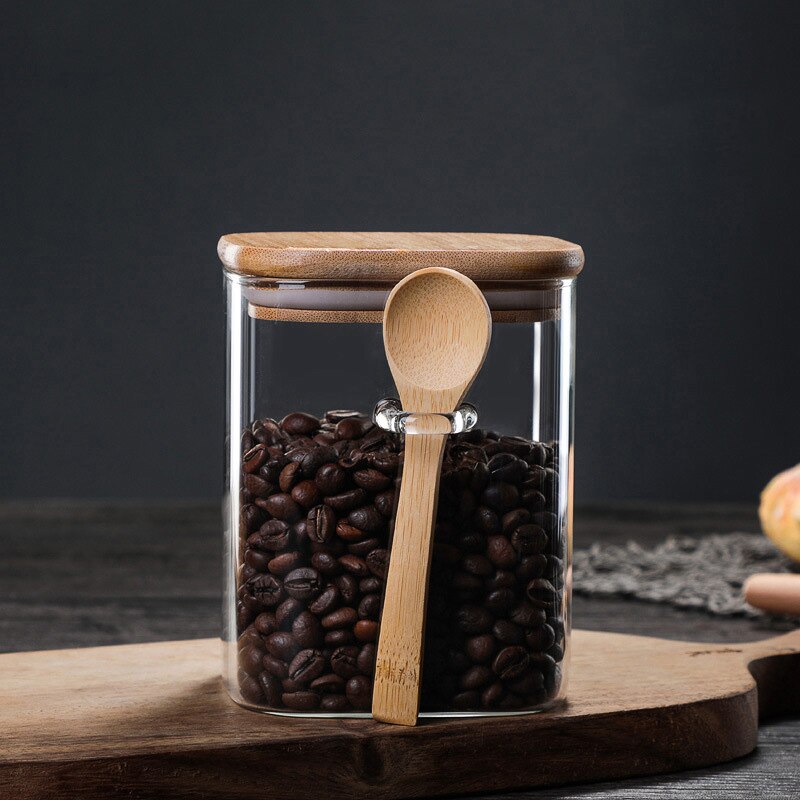 Burk glas kaffe lufttät matförvaring bönor krydda socker mjöl burkar behållare med lock och träslev  dc112