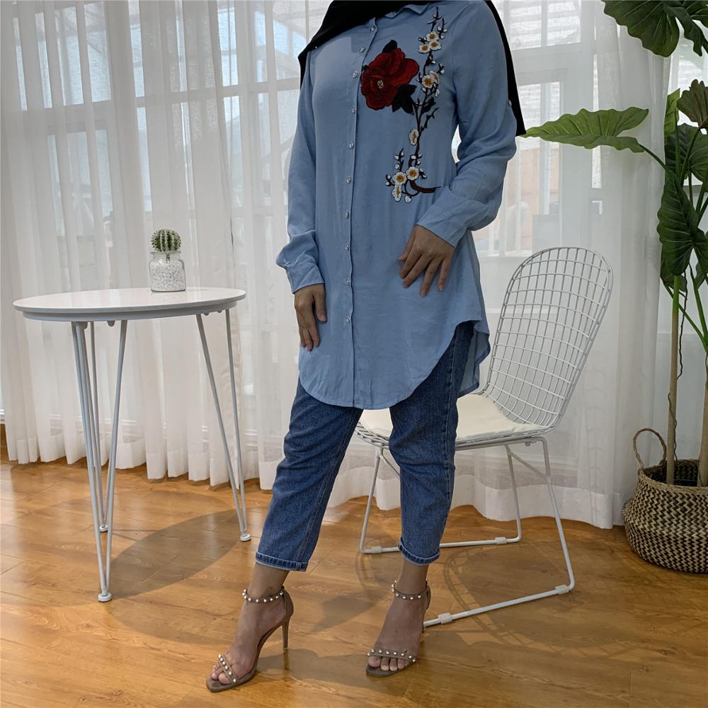 Casual Long Sleeve Tops Muslim Women Soft Denim Shirt Longline Denim Shirts Ladies Blue Jean Blouses With Floral Belt
