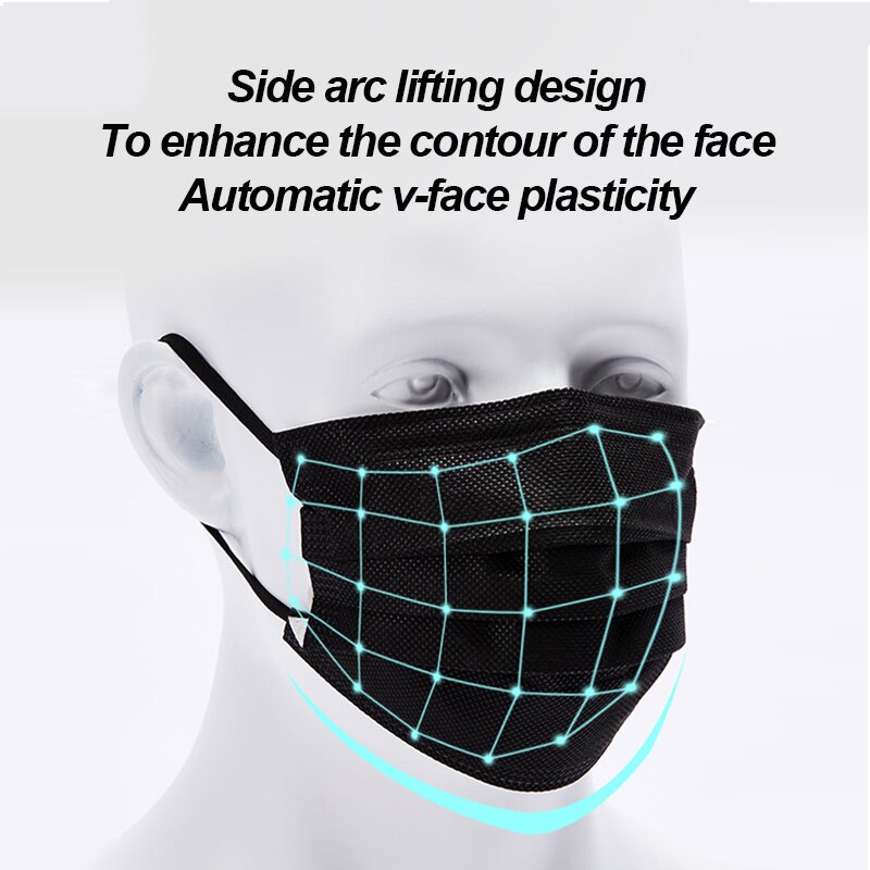 10/50 stk. maske engangs ansigtsmaske sort nonwoven 3 lag filter anti-støv åndbar beskyttende voksenmaske mundmasker på lager