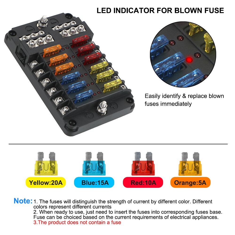 For Auto Car Marine Plastic Cover Fuse Box Holder 100A 32V 6 Ways 12 Ways Blade Fuse Block With LED Indicator Light M5 Stud
