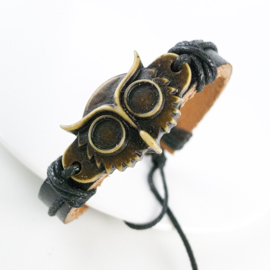 Bracelet en cuir en forme de hibou pour homme, sculpture, limitation, os Yak, Art Vintage, # GZ432