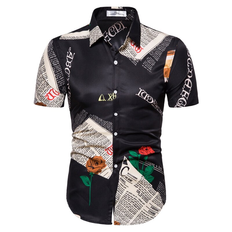 Vintage hvid skjorte mænd kortærmet sommer rose blomster bogstavtryk chemises steampunk skjorte herre årsagsferie streetwear: Sort / Xl