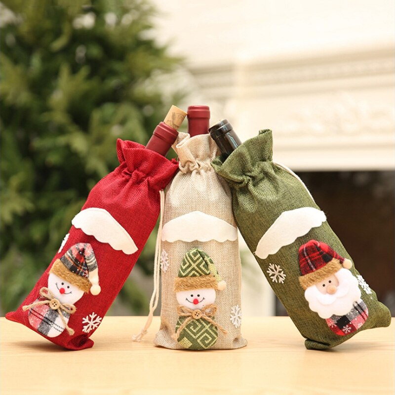 Christmas Red Wine Bottle Cover Xmas Dinner Party Santa Claus Snowman Bag