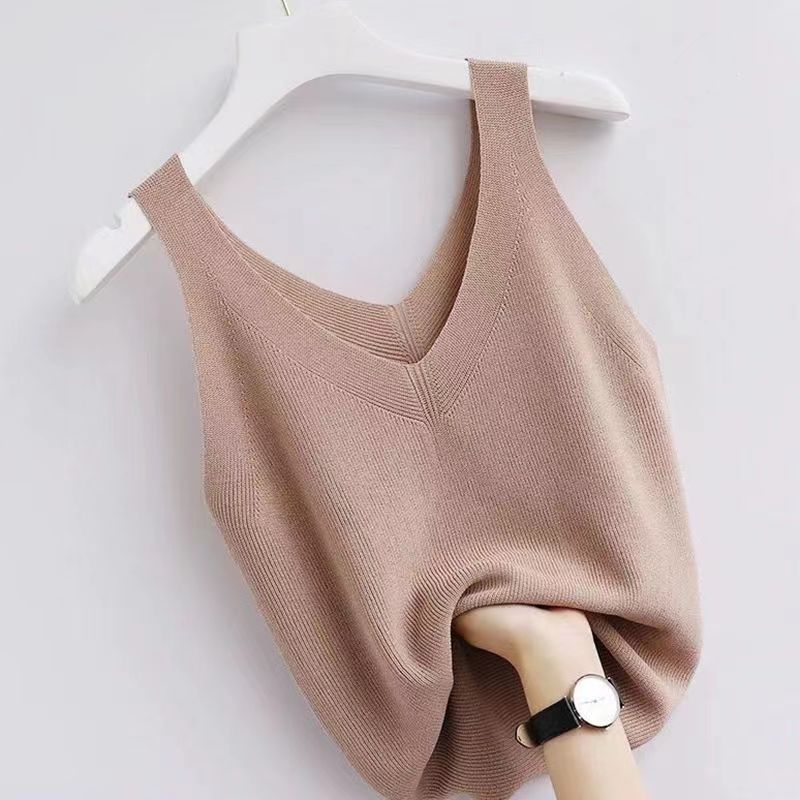 Plus Gebreide Tank Top V-Hals Ijs Zijde Mouwloze 2024 Zomer Kleding Vesten Voor Vrouwen Koreaanse Mode Losse Elegante Casual Cami Top