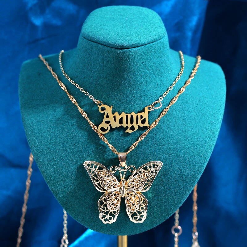 Collares de cristal multicapa con de mariposa y dragón para mujer, cadena de clavícula con letras de Ángel dorado Punk, joyería para de hip hop, novedad: Plata antigua plateada