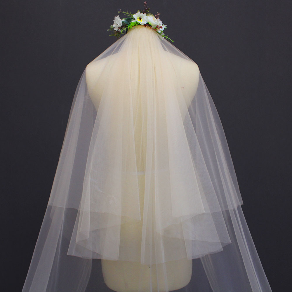 Champagner 2 Schichten Teil Spitze Hochzeit Schleier 3 Meter Lange 2T Abdeckung Gesicht Braut Schleier Champagner/Elfenbein/ weiß Braut Schleier