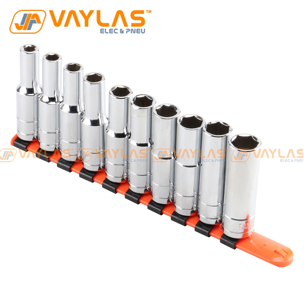 8-17mm Long Socket Set of Heads Mirror Finish 1/2 Inch Drive with Plastic Socket Rack for Socket Wrench Use