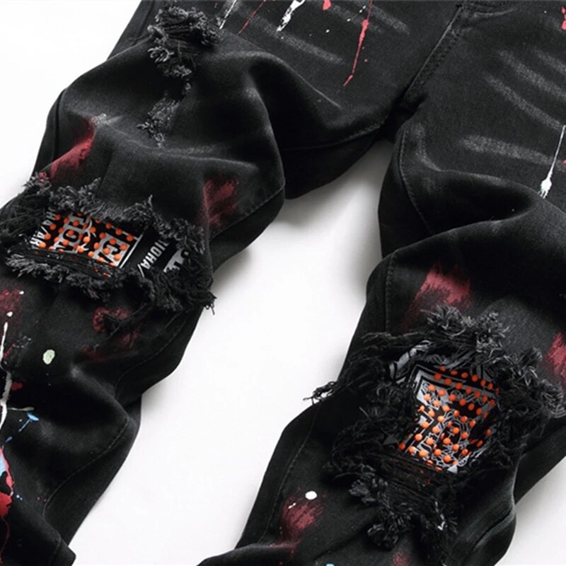 Pantalones vaqueros rasgados para hombre, Jeans elásticos negros pintados con espray, informales de calle alta, ropa de Hip-hop, primavera y otoño de 2022