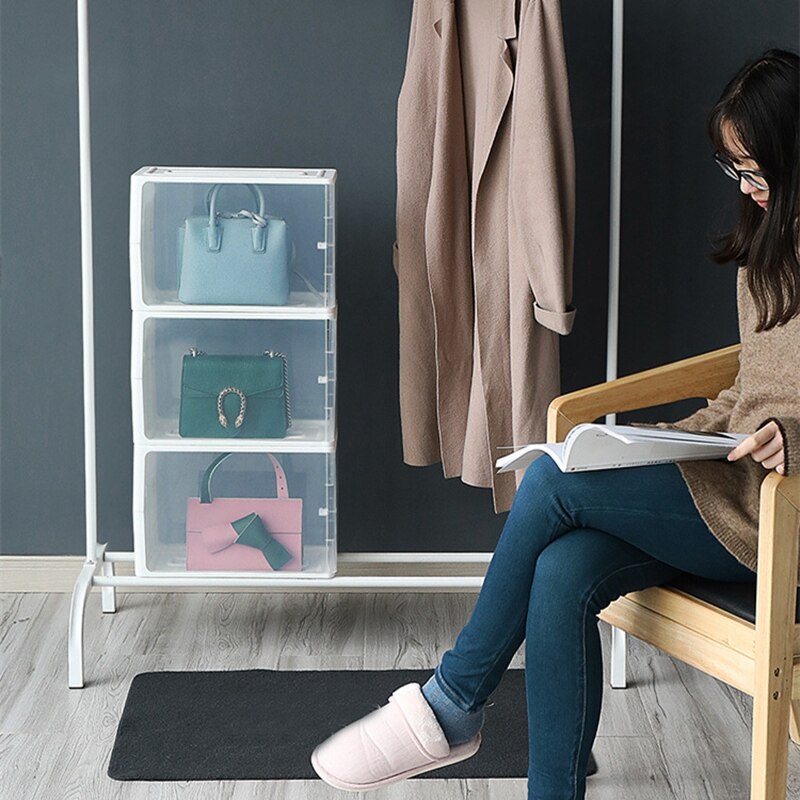 Caja de almacenamiento transparente para zapatos, 2 uds., caja de plástico para zapatos, bolsa antipolvo, armario de almacenamiento apilable para botas, zapatillas, Organizador