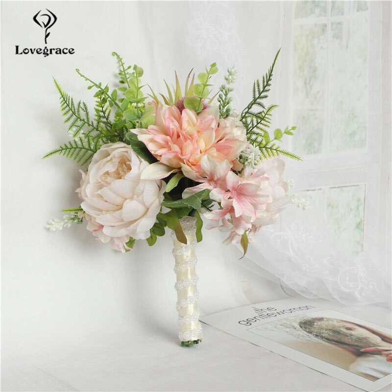 Lovegrace brude bryllup bukett brudepike haug med blomster bryllup forsyninger kunstig silke rose dahlia champagne festdekor