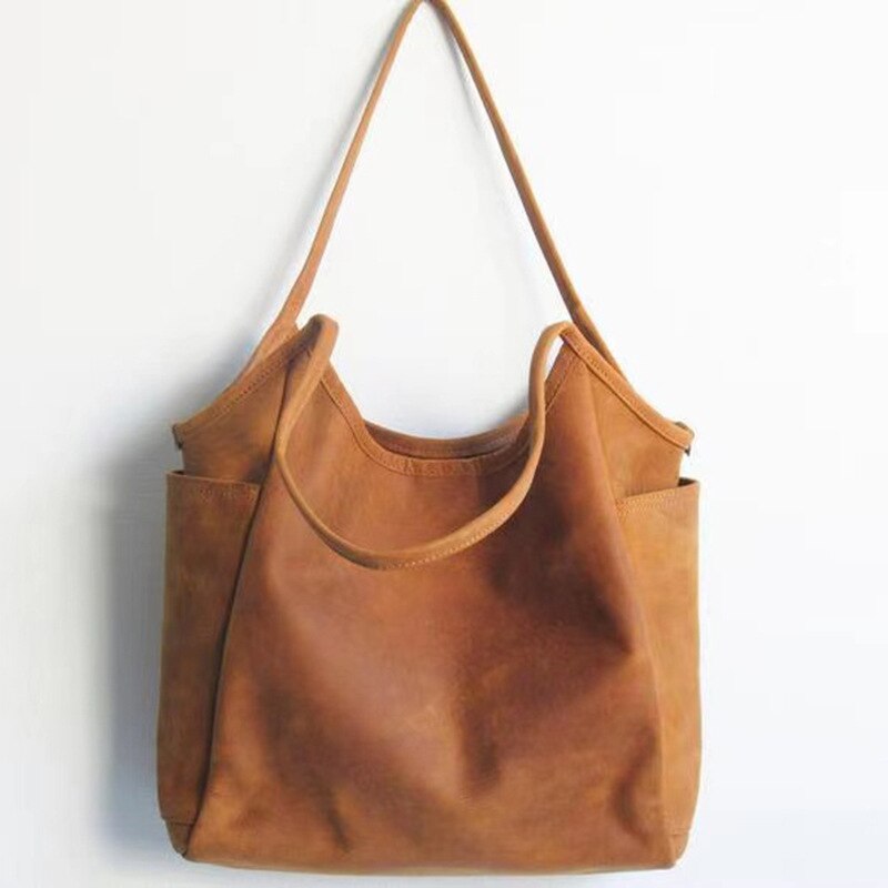 Sac à main rétro à grande capacité pour femmes, sac à bandoulière tendance, couleur unie, été: Light Brown