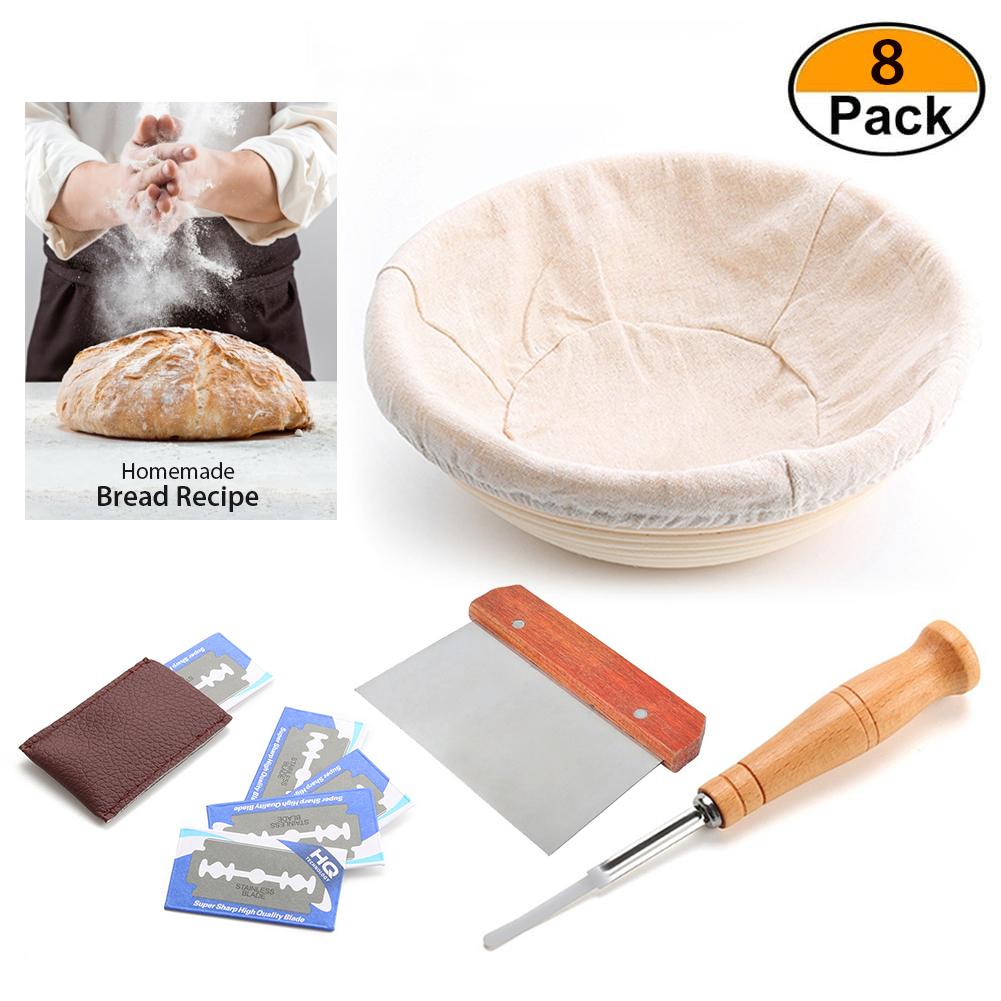 8Pcs/pack Handmade Bread Baking Tools Dough Rattan Basket Bread Proofing Set Linen Baking Couche, Dough Whisk, 2 X Dough Scraper