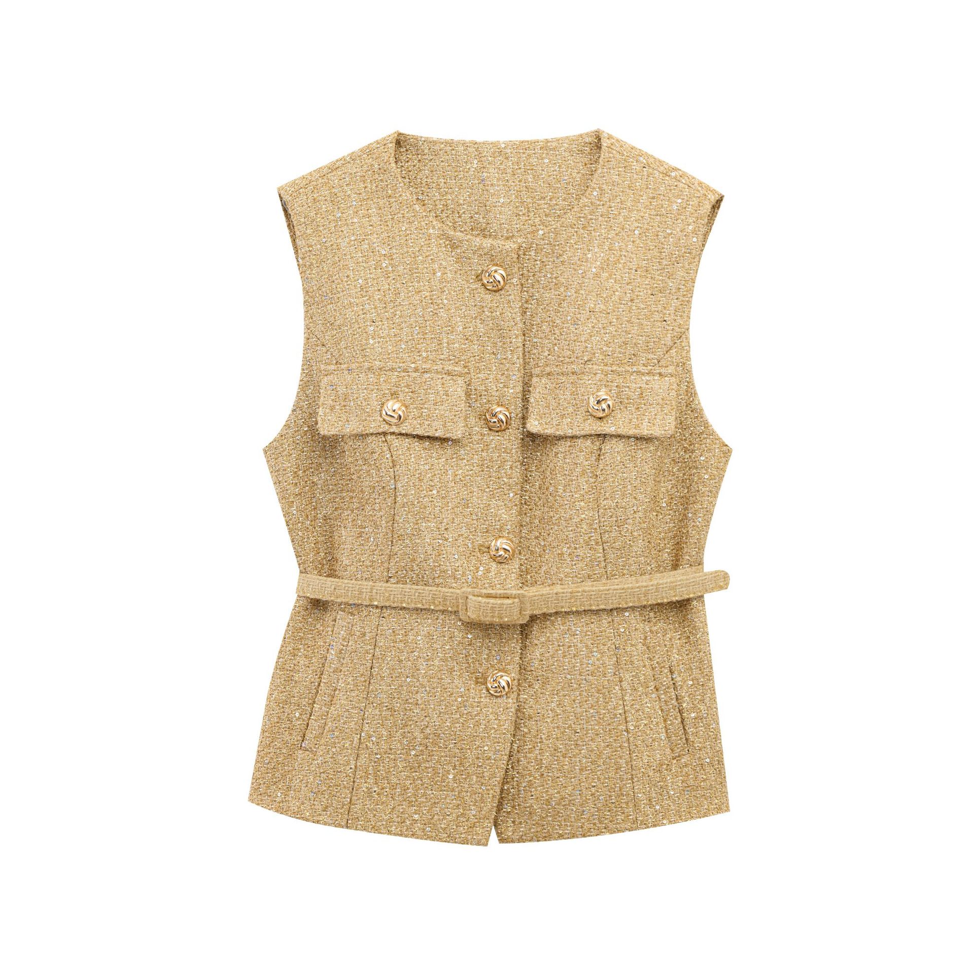 Damen-Tweed-Weste mit Gürtel, O-Ausschnitt, ärmellos, Knopfleiste vorne, Jacken, Damen-Oberbekleidung, schicke Oberteile, modischer Mantel: S / Kakifarbig