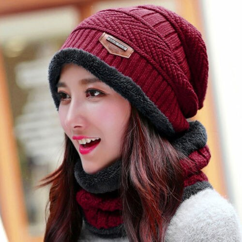 Stijl Mode Mannen Patchwork Winter Warm Haak Knit Baggy Beanie Wol Schedel Hoed Ski Cap Sjaal Set: Bordeauxrood