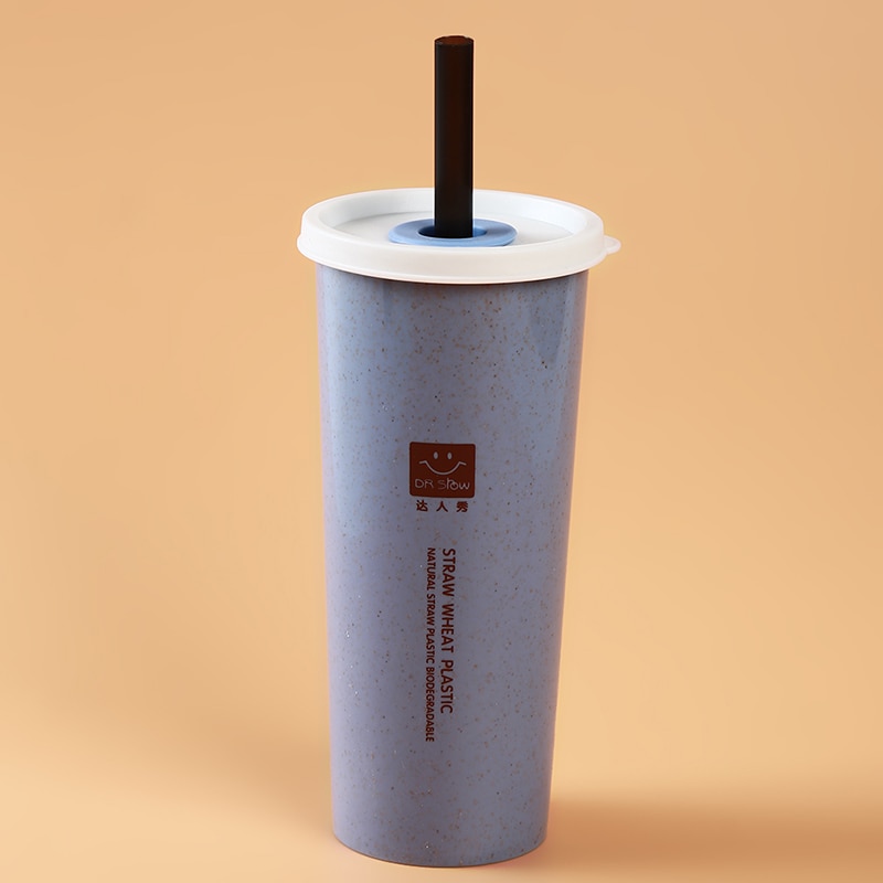 Bærbart hvedestrå vandbæger med sugerør låg cola kaffe plast rejse kop multifunktionelle drikke kopper: Blå