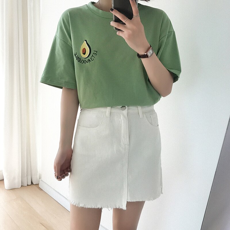Sød avocado broderi kortærmet t-shirt kvinder sommer lille frisk t-shirt harajuku t-shirt femme top: Grøn