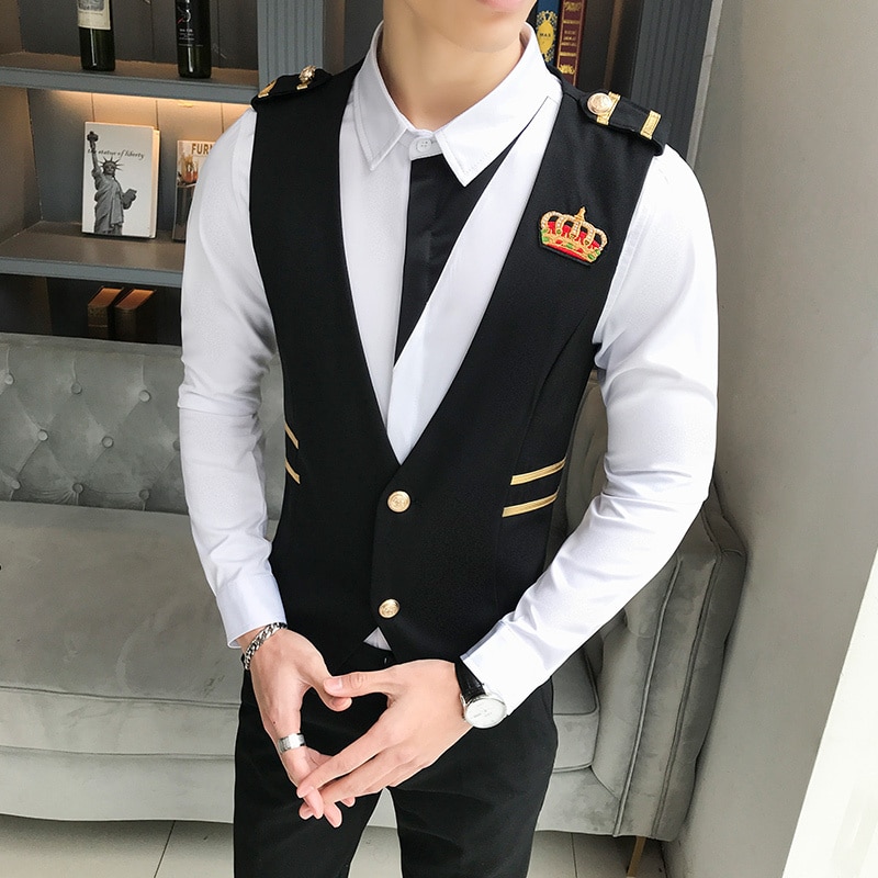 Borduren Crown Jurk Vesten Voor Mannen Slim Fit Vest Suits Casual Zaken Wedding Tuxedo Vest Gilet Chalecos Para Hombre
