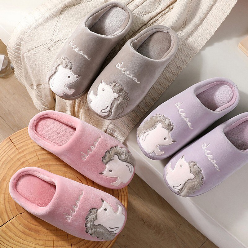 Pantoufle chaussure femme maison hiver Pantoufles de maison à enfiler pour femme et homme, mignon, motif hérisson, Animal de dessin animé, doux et