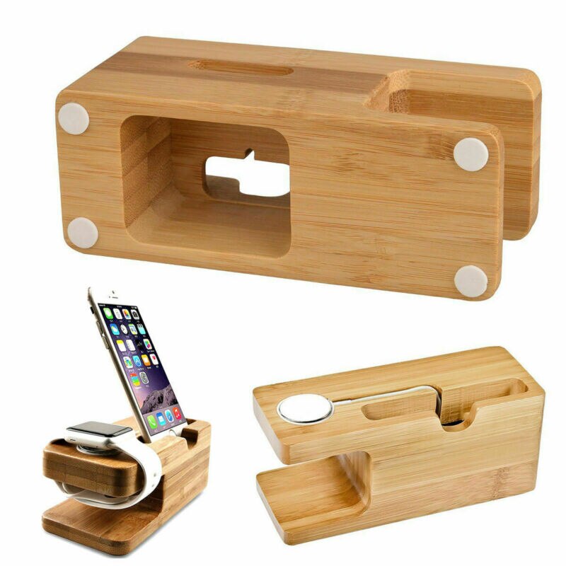 Familie telefonstativ ladestation dock stand station oplader holder til apple watch iwatch iphone bambus