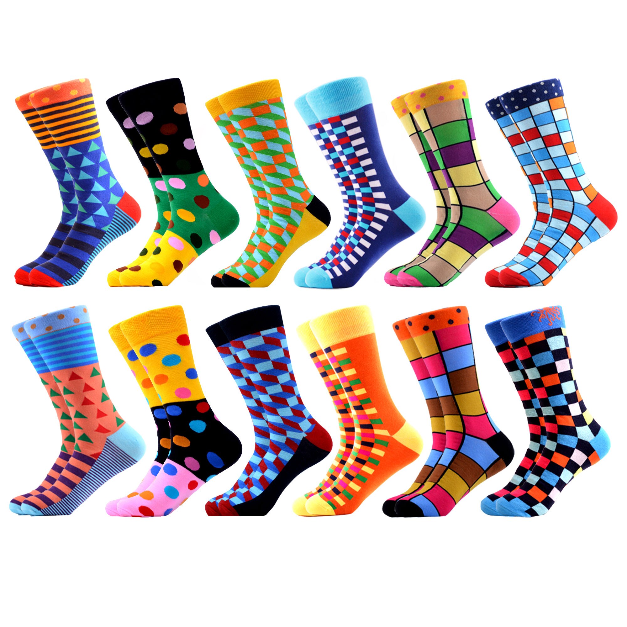 SANZETTI-chaussettes pour hommes, style Hip Hop, en coton peigné, haute couleur, nouveauté, Skateboard, motif géométrique, motif Harajuku,: 06959 (12 pairs)