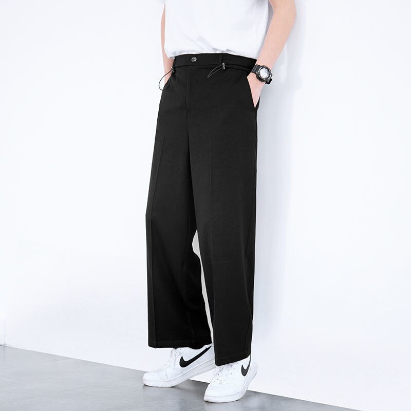 Pantalones de traje holgados de primavera y verano para hombre, pantalones ajustados de pierna ancha, elásticos, drapeados, informales, de color sólido que combinan con todo: Black / M