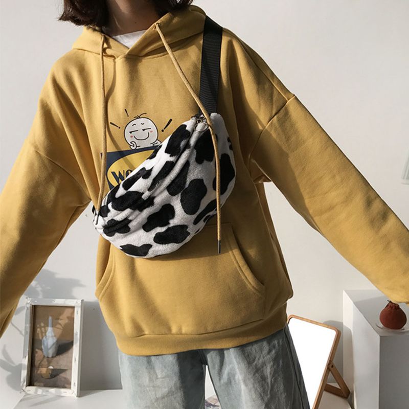 Kvinder ko print plys talje taske fanny pack pose sportsbælte hofte bryst crossbody skulder pung