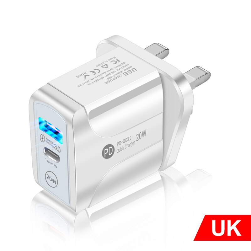 Uslion Eu Plug 20W QC3.0 Fast Charger Usb Opladen Pd Usb Snellader Adapter Voor Iphone 12 Samsung Xiaomi smart Telefoon Oplader: UK White