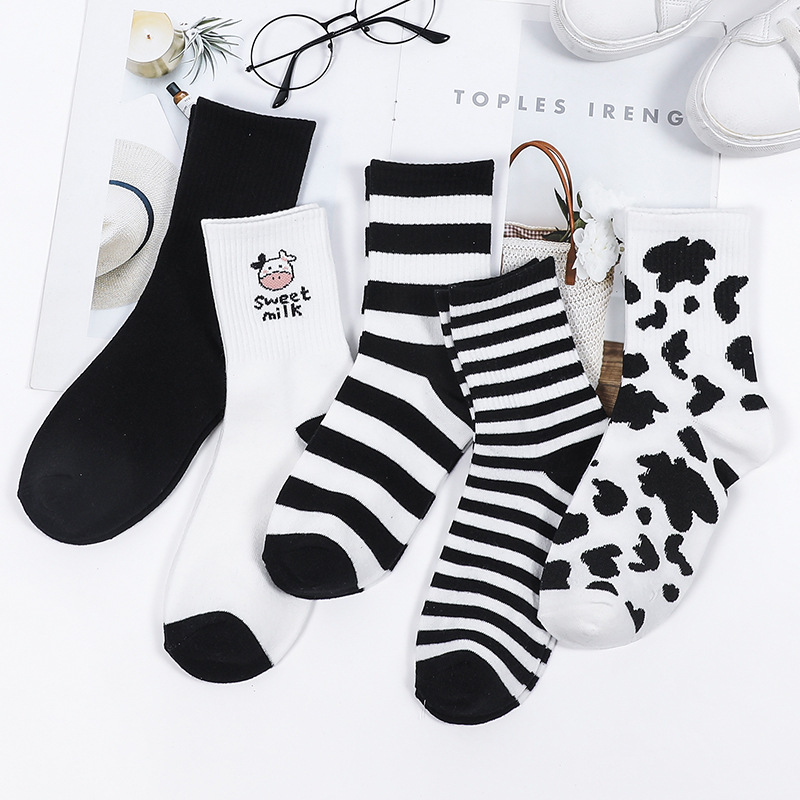 3 Pairs Socks Set Women's Socks Cow Print Ins Black And White Lovely Versatile Socks Stripes