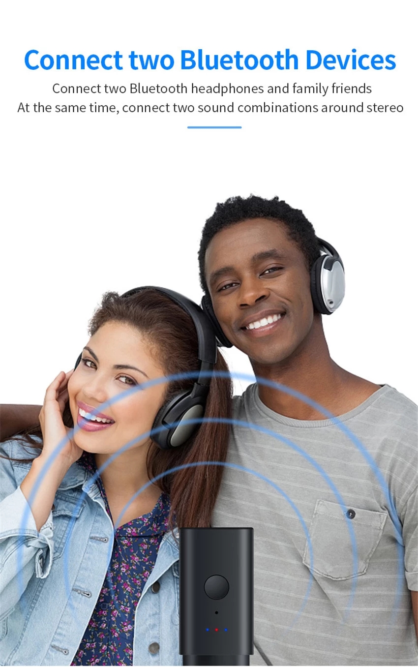 Rozdzielacz Bluetooth Bezprzewodowy nadajnik audio Adapter do 2 szt. Słuchawek pracujących razem, 2 bezprzewodowe słuchawki odtwarza się razem