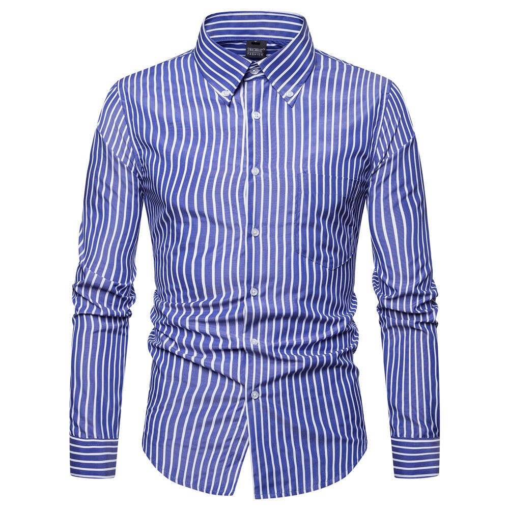 SWAGWHAT Men Shirt Male Dress Shirts Striped Men's Casual Long Sleeve Business Formal Shirt Camisa Social Shirts for Men: Blue / XXL