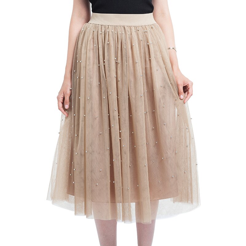 3 Layers Tulle Beading Women Skirts Spring Mesh Tulle Skirt With Bead Tutu Elastic Waist Pleated Skirt