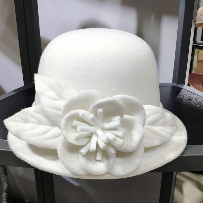 Chapeau Fedora en laine pour femmes, chapeau seau à fleurs texturées, , en forme de dôme, à la , automne hiver: white