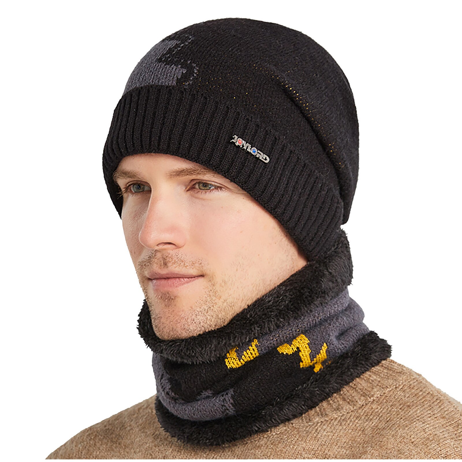 2Pcs Ski Cap En Sjaal Koude Warm Leer Winter Hoed Voor Vrouwen Mannen Gebreide Muts Motorkap Warme cap Mutsen: Black
