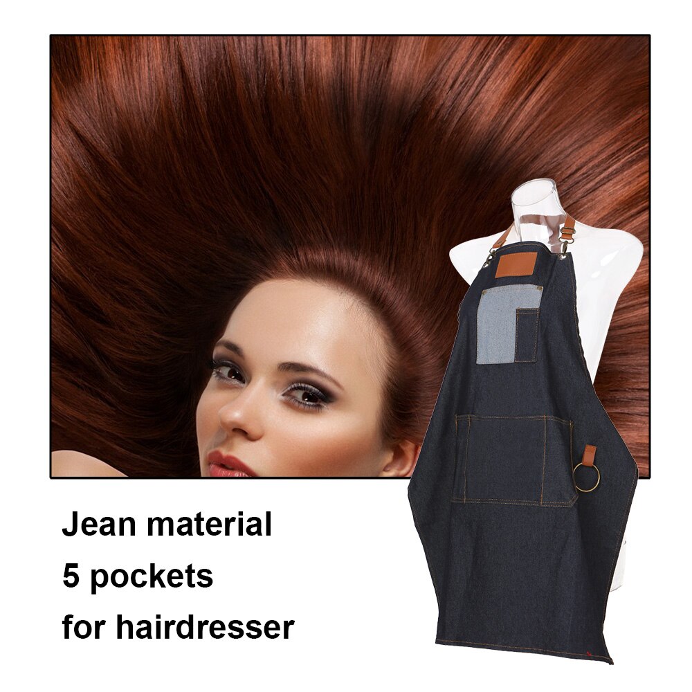 Hair Dresser Salon Apron with 5 Pockets Hairdressing Apron Hair Cloth Cutting Dyeing Apron Black Jean for Barber Shop