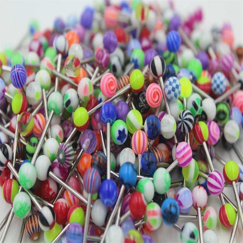 10/20/30/50/100 Pcs Dubbele Acryl Bal Tong Tepel Oor Ringen Bars Barbell Plug tunnel Body Piercing Sieraden Willekeurige Kleur @ M23