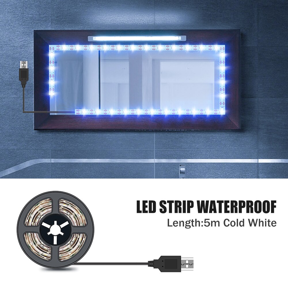 Luz LED para espejo de maquillaje, luces de tocador Hollywood impermeables de 5V, 1M, 2M, 3M, 4M, 5M, para decoración de baño: 5M  Cold White