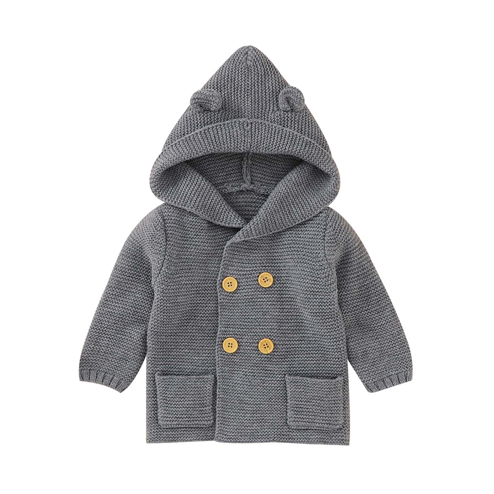 Manteau pour bébés garçons et filles, vêtements d'hiver à la , couleur unie, capuche tricotée, Double boutonnage boutonné, hauts chauds pour enfants: GY / 6-12 Months